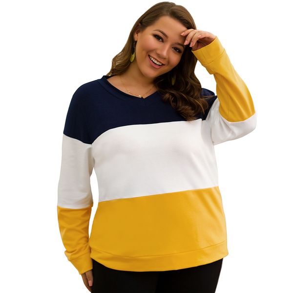 

aygaiyigu women plus size large big size ladies clothing fashion patchwork contract color shirts v-neck long sleeve clothes, White