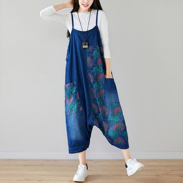 

women jeans plus size rompers womens jumpsuit print loose high street cotton denim overalls combinaison femme korean fashion, Blue