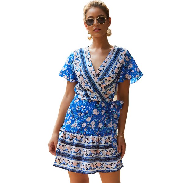 

v-neck short sleeve floral print chiffon summer dress women 2019 boho dresses for women vestidos, Black;gray