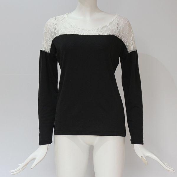 

женская мода кружевные футболки весна лоскутное о-образным вырезом повседневные топы осень с длинными рукавами майки, White