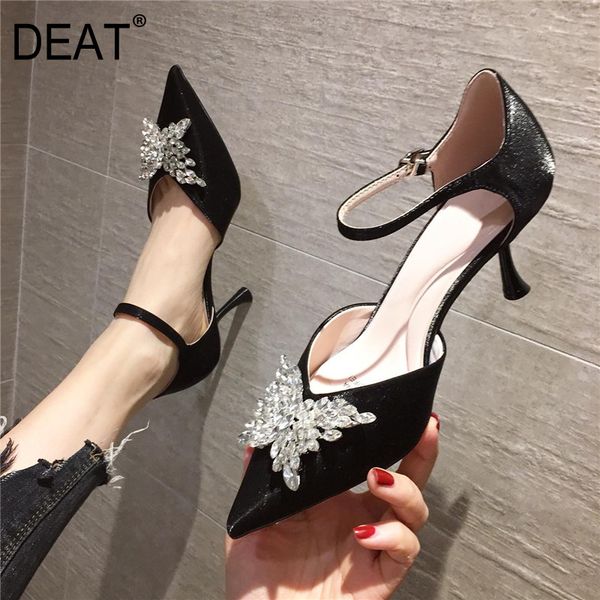 

deat] 2020 new spring summer sharp toe shallow crystal buckle strap pu leather thin heels sandals women shoes fashion 10g071, Black
