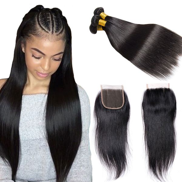Brazilian Virgin Hair 3bundles With Lace Closure Straight Weave 7a