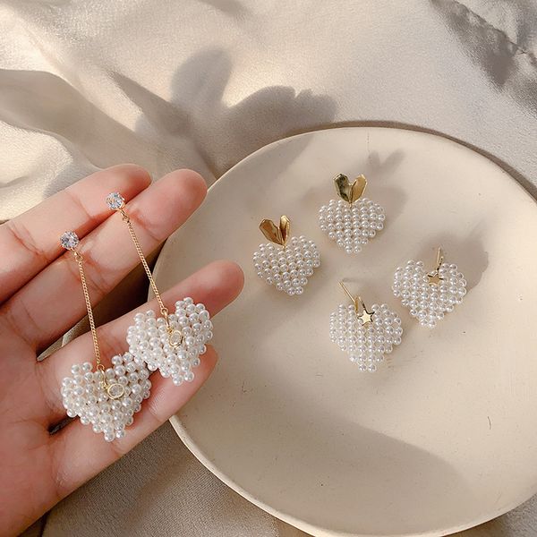 

fashion heart shape long drop earrings summer cute beading jewelry for women sweet pearl earrings accessories party wear, Silver