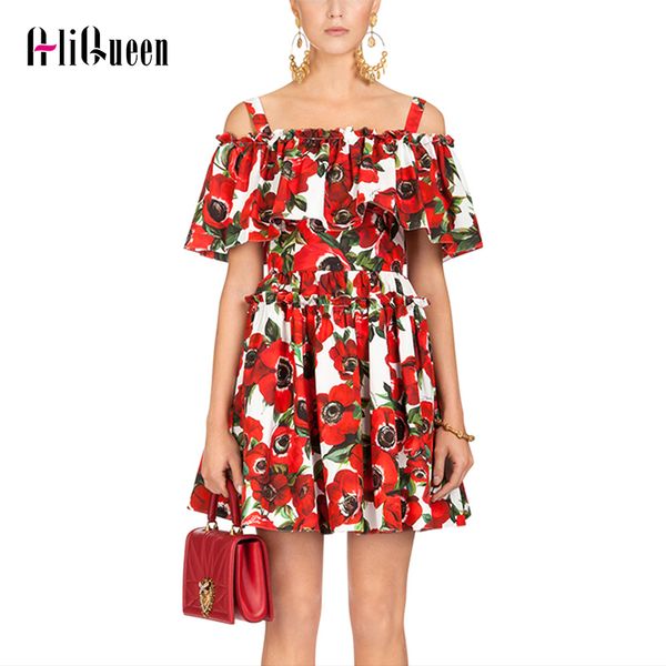 

летнее платье 2019 с плеча holiday beach женщины платье runway цветочные печати оборками платье сладкие холтер бальное платье мини vestidos, Black;pink