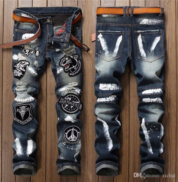 

unique mens distressed pleated tiger badge ripped jeans fashion designer retro washed blue motorcycle straight leg denim pants 001-2