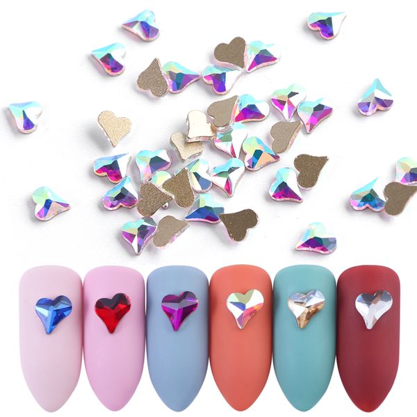 

10pcs 3d crystal heart nail art rhinestones for manicure flat back shiny glass stone gems glitter jewelry nail decorations tr790, Silver;gold