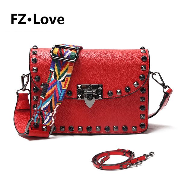 

women's modern punk pu leather crossbody bag wide striped straps shoulder bags for lady party with rivet chain handbag red/black