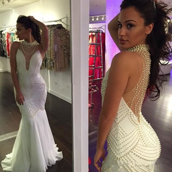 

2019 new backless evening dresses plus size mermaid pearls sweep train sheer halter celebrity gowns party formal prom dresses, Black;red