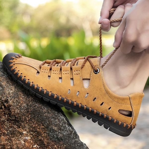 

2019 new summer men genuine leather sandals business casual shoes men outdoor beach sandals roman summer water shoes sa-8, Black