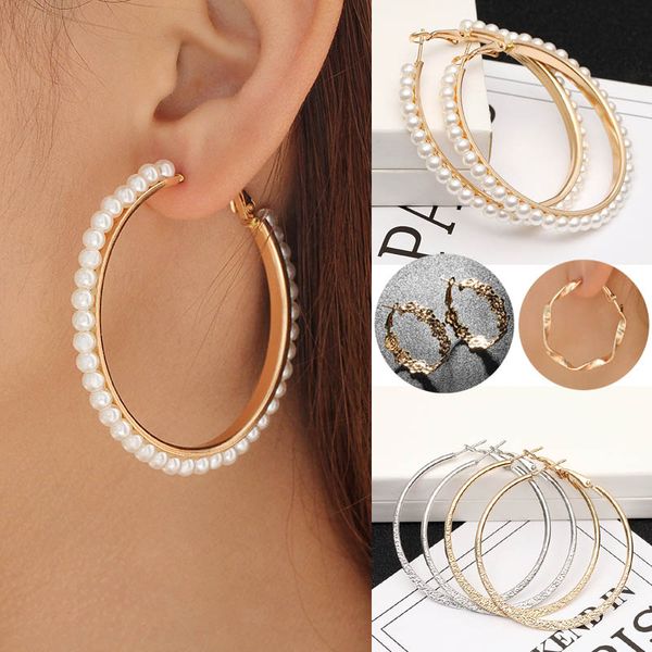 

1 pair oversize fashion women girls trendy large hoop earrings gold silver color big circle earrings loop jewelry, Golden;silver