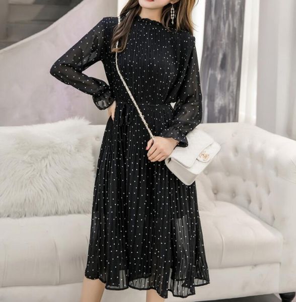 

2019 autumn long sleeves polka dots black dress chiffon pleated midi dress elegant dots dress, Black;gray