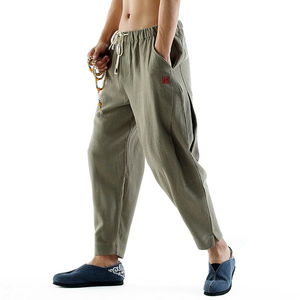 

wholesale 2020 chinese style summer beam feet cotton and linen men's pants casual pants retro youth embroidered trousers, Black