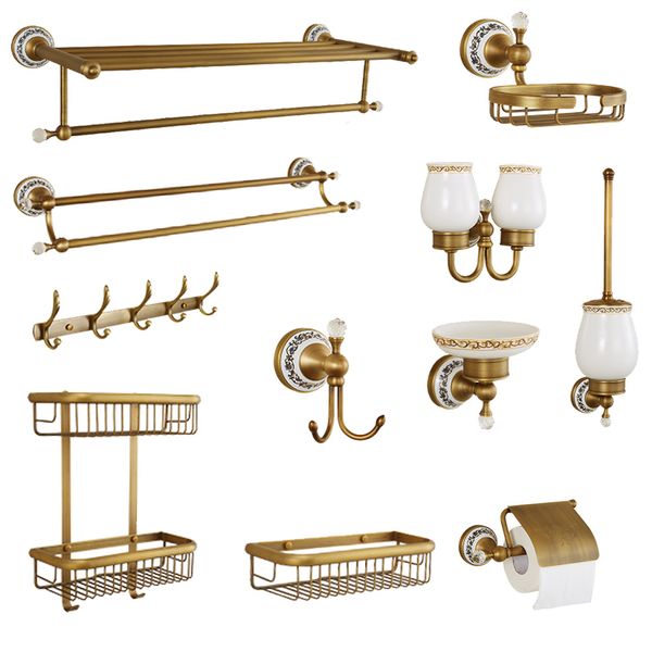 

european antique bathroom hardware fittings brass blue and white porcelain double tooth cup bathroom suite