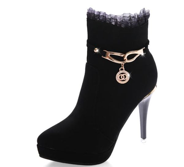

women's boots in winter high fine heel round head waterproof table suede@4071, Black