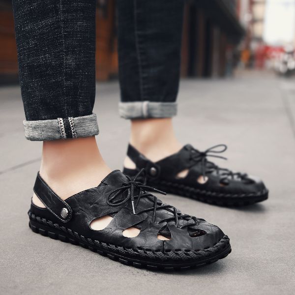 

new style genuine leather sandals lace-up summer fashion trendy shoes sandals slipper closed-toe dual purpose, Black