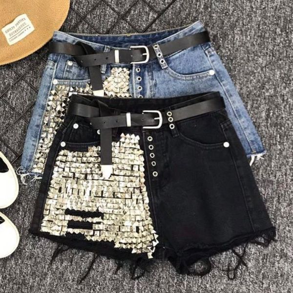 

2019 summer fashion new denim shorts rivet women summer high waist jeans shorts, Blue