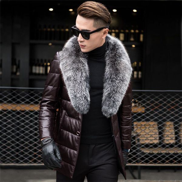 

jacket genuine men leather duck down warm winter coat fur collar plus size parkas 2020 hl2709 mf740, Black