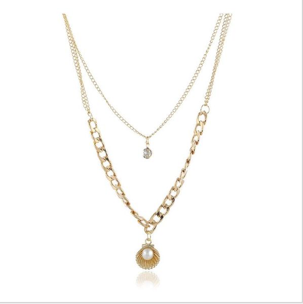 

european and american fashion trend personality concise accessories temperament pearl shell shape pendant multi-layer short clavicle necklac, Silver