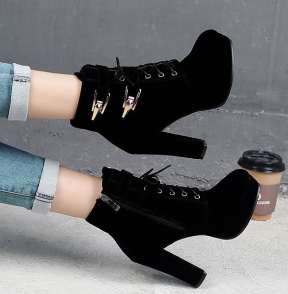 

designer-p platform chunky heels ankle booties luxury designer women boots come with box, Black