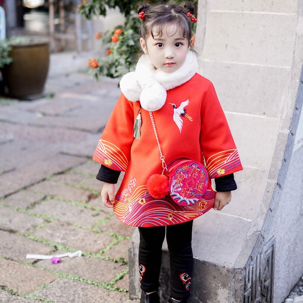 Kids Baby Girls Skestesese 2019 Новые Моды Китайский Стиль Новогодние Платья Winther Утолщенные Вышитые Cheongsam Платья Дети Тан Костюм