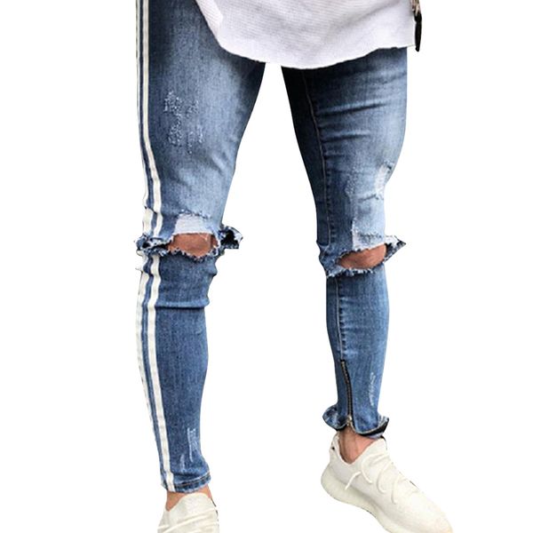 

men's ripped jeans side striped skinny hip hop denim trousers fashion stretch ankle zipper male casual pencil pants puimentiua, Black