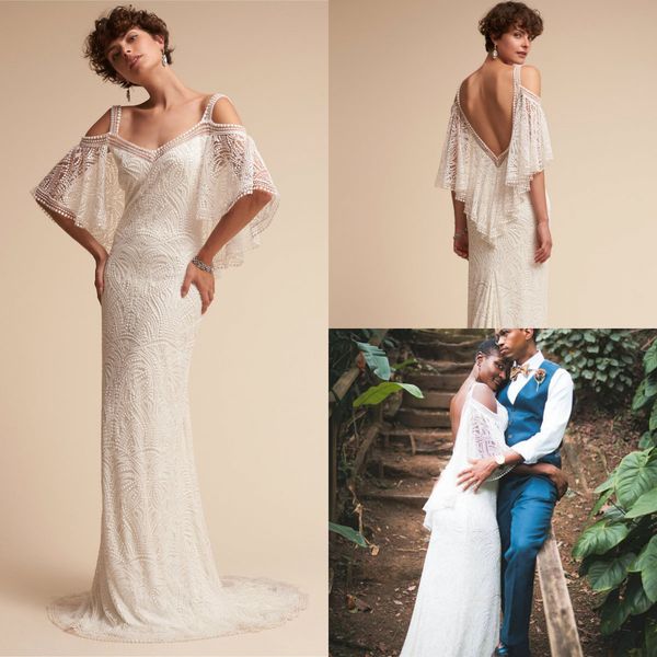 

bhldn mermaid wedding dresses off the shoulder lace appliques sweep train plus size wedding dress half long sleeve bridal gowns, White