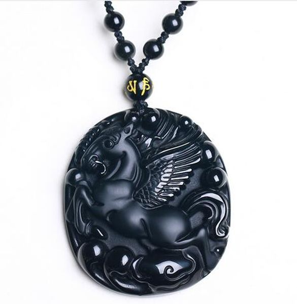 100/% beautiful Chinese Black Natural A Obsidian Carved Horse pendant