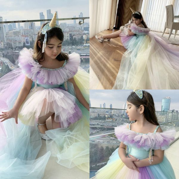 

2020 cute rainbow flower girl dresses scoop neck ruffles hight low girls pageant dress custom made birthday gowns, White;blue