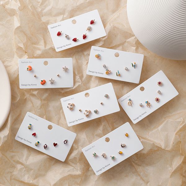 

korean new delicate small flower bird fruits stud earrings sets for women girls simple fashion bijoux heart star oorbellen gifts, Golden;silver