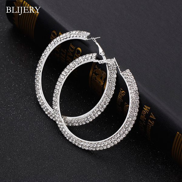 

blijery fashion 2 rows crystal big circle earrings 60mm rhinestone round hoop earrings for women wedding jewelry gifts, Golden