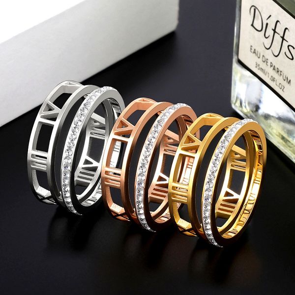 

european style hollow out cz roman numerals rings for women man size 6-9 fashion stainless steel ring groom bridal jewelry gift, Golden;silver