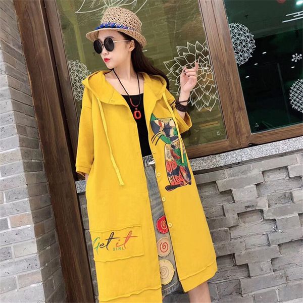 

fashion cute cat print sweatshirt coat office lady casual loose cropped sleeve hoodie jacket women cartoon outerwears f1483, Black