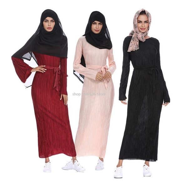 

ethnic clothing muslim wrinkled pencil skirt pliss maxi dress trumpet sleeve abaya long robes tunic middle east ramadan arab islamic, Red
