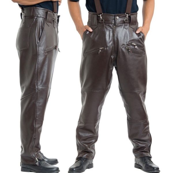

winter windproof mens cowhide genuine warm cotton lining cycling motorycle leather trousers high waist loose pants, Black