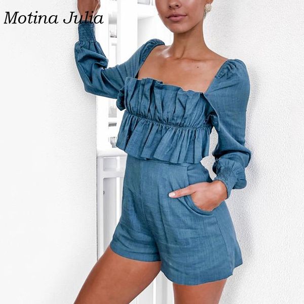 

motina julia square neck ruffled romper jumpsuit women long sleeve short playsuit 2019 casual women overalls, Black;white