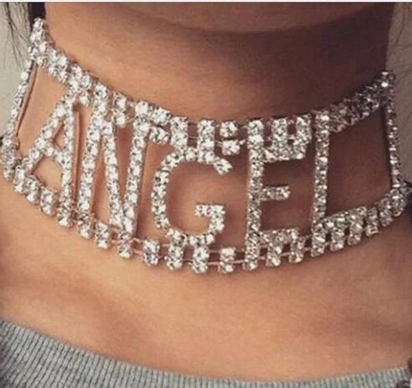 

angel rhinestone choker letter necklace for women crystal statement chocker necklace luxury jewellery party collier femme, Silver