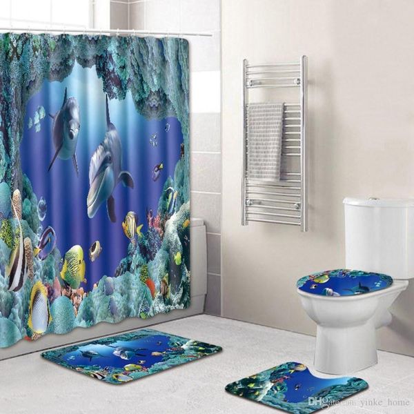 

bathroom shower curtain blue ocean dolphin printed waterproof washroom bath curtains lid toilet cover & bath mat non-slip pedestal rug set