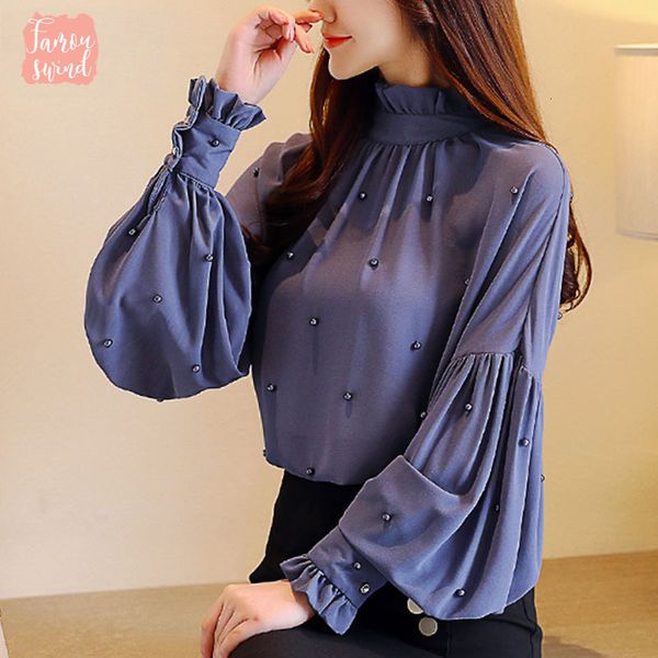 

женские блузки рубашка с длинного рукавом твердой мода одежда новой простой ol женщина топы бисероплетение причинного топ blusas 0781 30, White