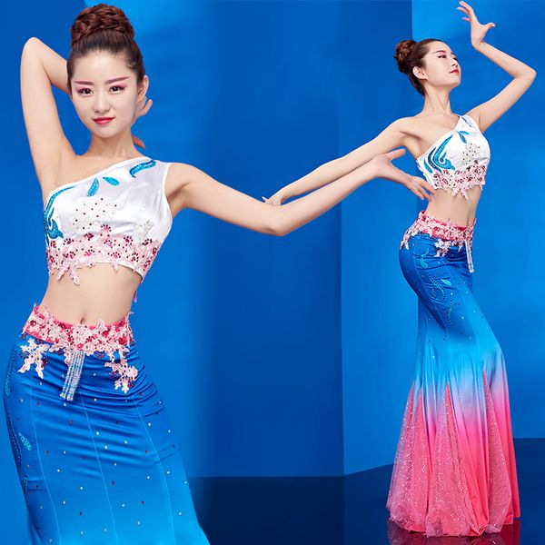 

dance costume female new slim skirt yunnan ethnic style peacock dance art test gradient fishtail skirt, Black;red