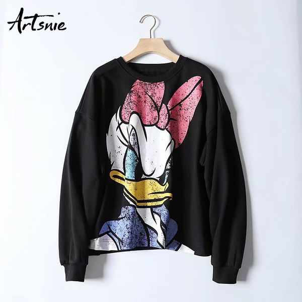 

artsnie черной случайной мультфильм печати женщины толстовки осень 2019 o падение шеи плечо толстовки трикотажного streetwear толстовки, Black