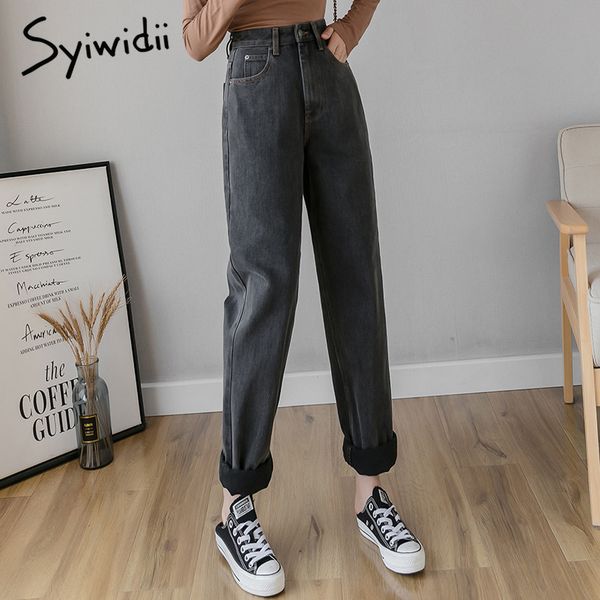 

gray jeans woman plus size high waist trousers boyfriend mom jeans washed full length vintage demin pants straight casual solid, Blue