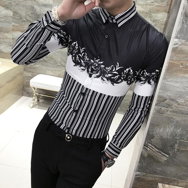 

2019 stripe flower dress shirt men casual slim fit baroque shirts mens print party club shirt camisa masculina chemise, White;black