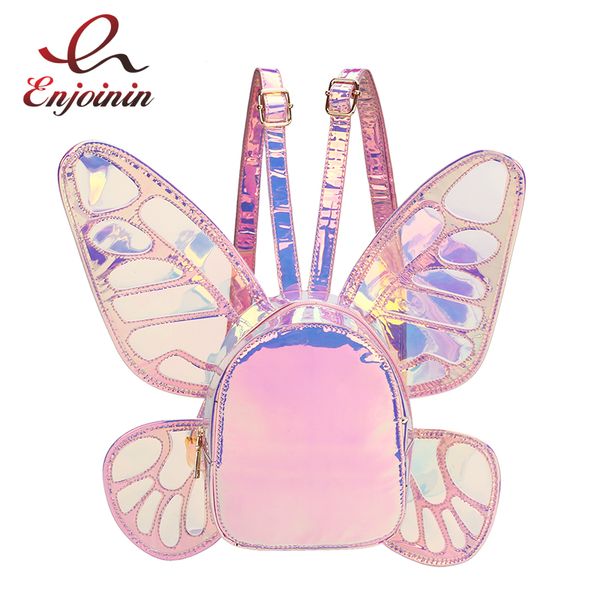 

fashion women's laser holographic leather mini backpack butterfly angel wings daypack for girls travel casual daypack school bag