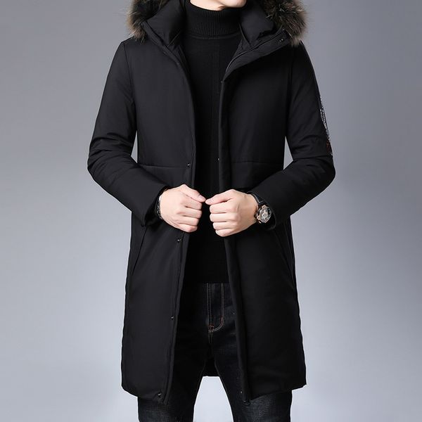 

winter men's down jacket with raccoon fur 90% white duck down long coat warm mens clothing, Black