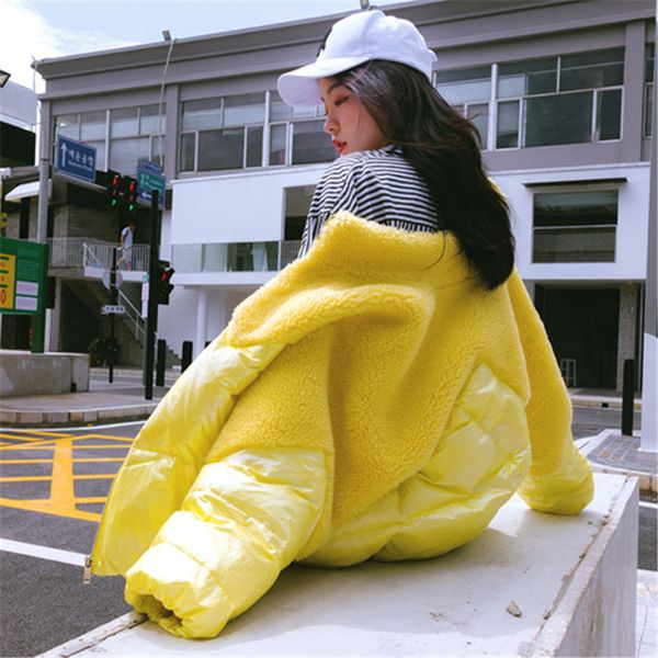 

korean elegant lamb wool patchwork winter coat women sweet preppy style girl winter jacket fashion bright color short parkas, Black