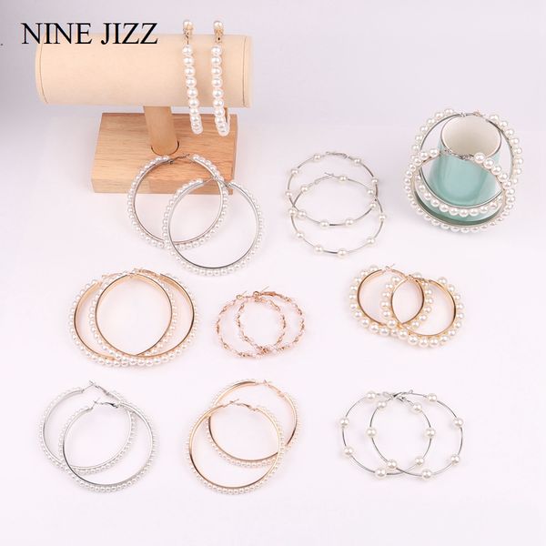 

ninejizz white imitation pearl round circle hoop earrings fashion big circle hoops statement oversize earring for women jewelry, Golden;silver