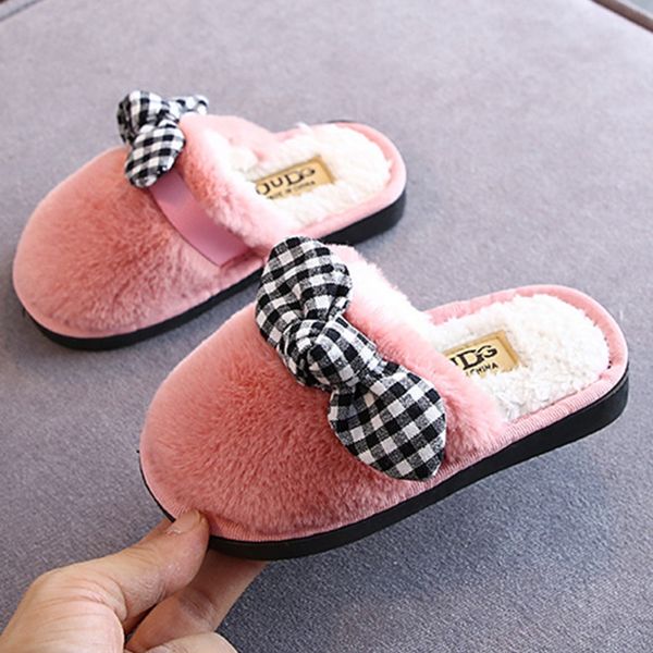 

cute children slippers bow solid color soft bottom indoor outdoor warm home cotton boys girls shoes, Black;grey
