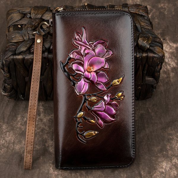 

genuine leather long purse wrist money bags female id s clips floral embossed women printing clutch wallet zipper bag, Red;black