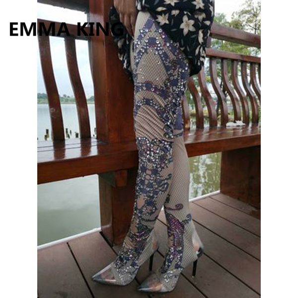 

handmade crystal studded women over the knee socks boots pointed toe party high heels shoes woman thigh high long boots, Black