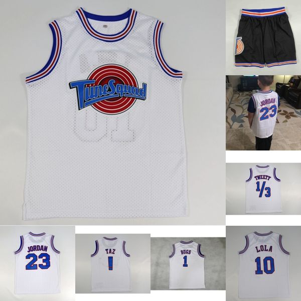 

youth kids space jam jersey shorts 23 michael tune squad looney tunes 1 bugs bunny 10 lola bunny taz tweety bird 2 daffy duck sitiched, Black;red